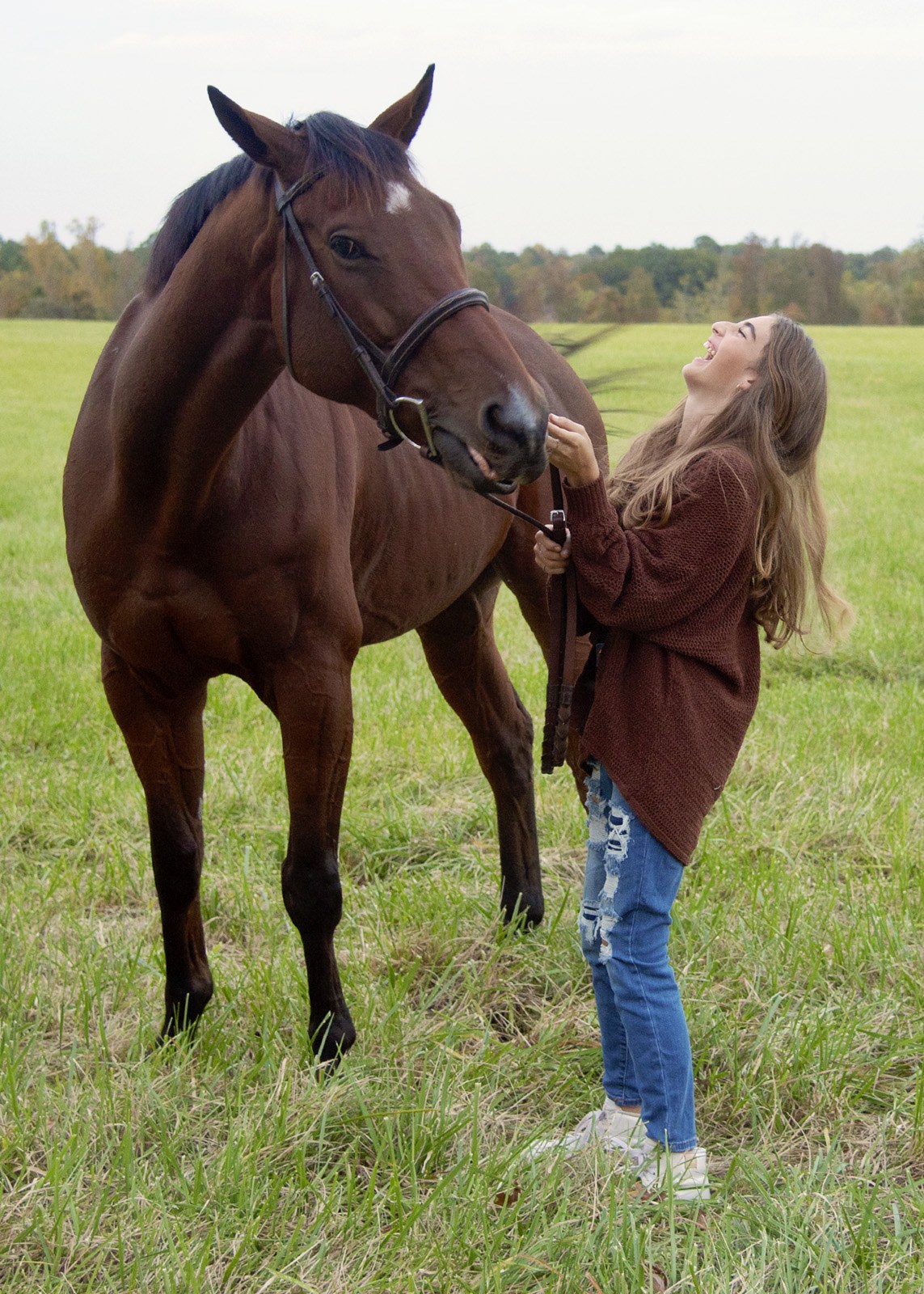 Joyful candid of a young rider laughing with her bay horse